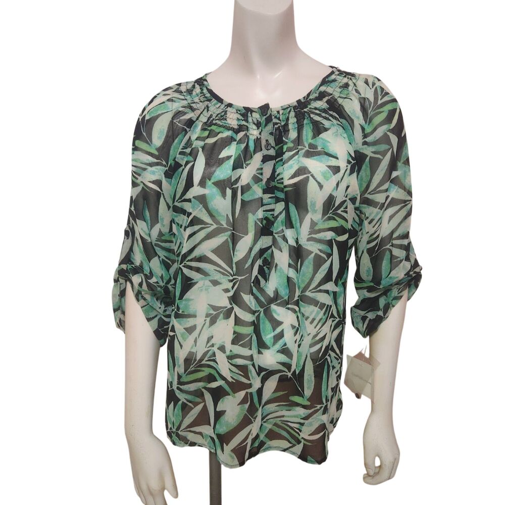CROFT AND BARROW Tropical Print Green Blouse Womens Size Large NEW